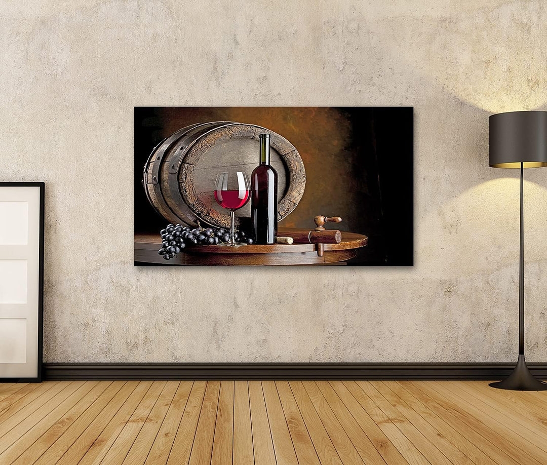 islandburner Bild auf Leinwand Wein Komposition Mit Weinfass Bilder Wandbilder Poster 100L x 57B cm,