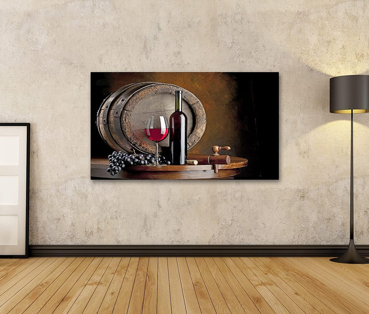 islandburner Bild auf Leinwand Wein Komposition Mit Weinfass Bilder Wandbilder Poster 100L x 57B cm,