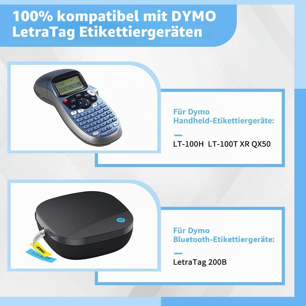 Wonfoucs kompatible Plastic White 12mm x 4m Schriftband als Ersatz für Dymo Letratag Etikettenband 1