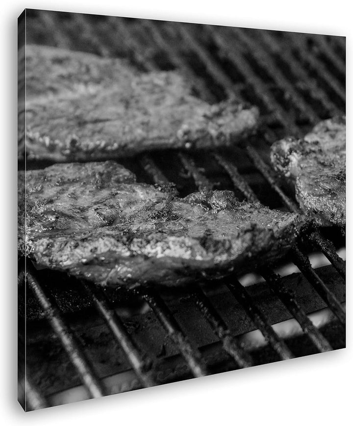 appetitliche Steaks auf dem Grill Format: 70x70 Effekt: Schwarz&Weiss als Leinwandbild, Motiv auf Ec