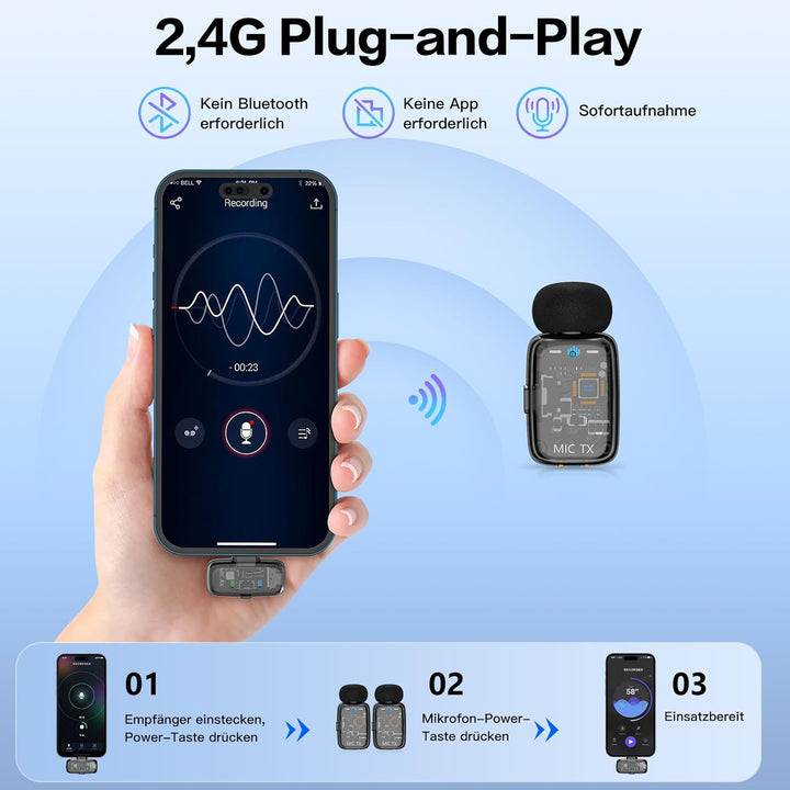 Mini-Mikrofon für iPhone Handly Android, Lavalier Mikrofon Kabellos mit 2er-Pack Plug&Play 100m, Rau