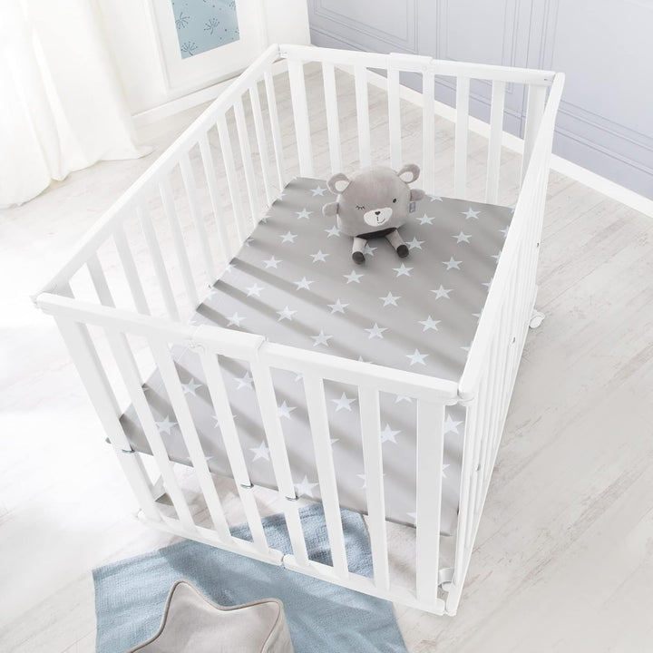 roba Laufgitter klappbar, Holz weiss, mit Einlage Little Stars, 74x100 cm, platzsparendes Spielgitte