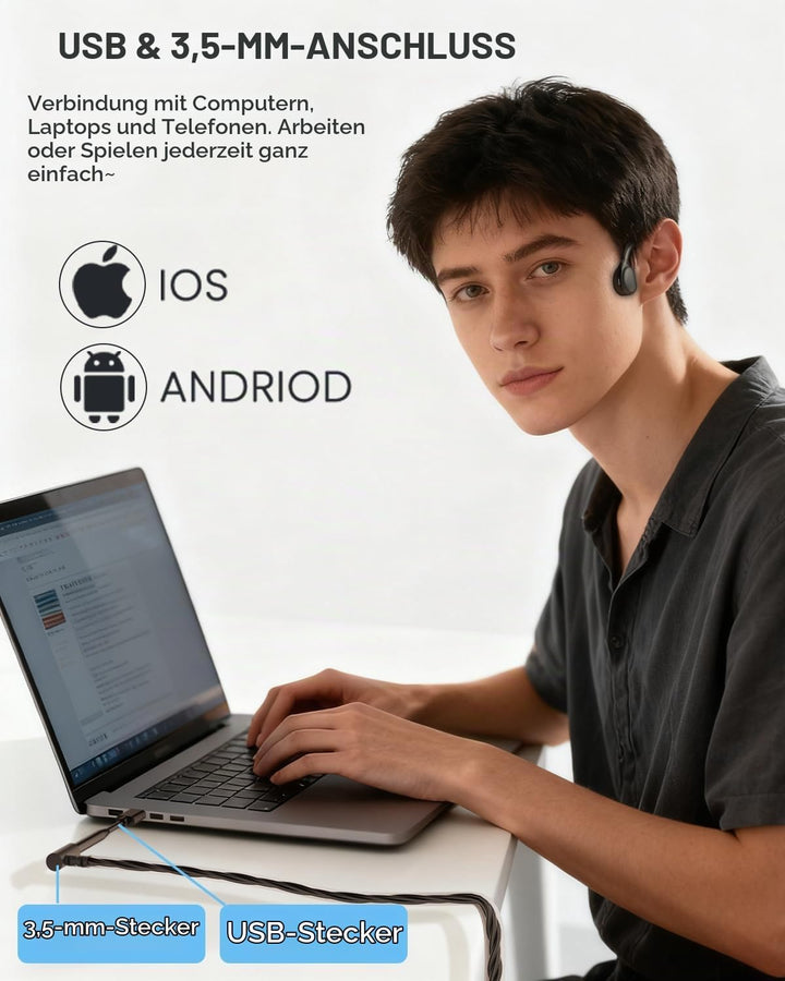 ANSTEN Bluetooth Headset mit Kabel (3,5mm/USB) Für PC/Telefon, Ultra Komfort, Open Ear USB Headset m