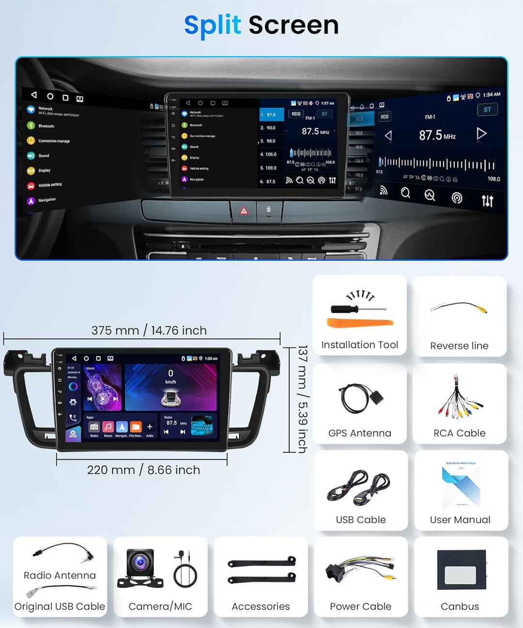 4G+64G Rimoody Autoradio für Peugeot 508 2011-2018 9 Zoll Stereo mit Carplay Android Auto Wireless A