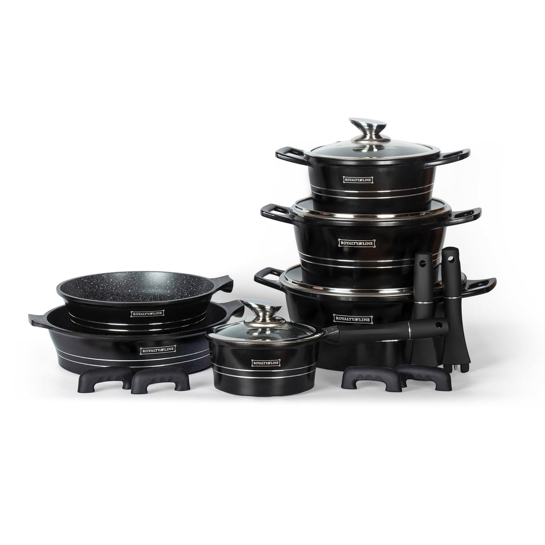 Royalty Line® Topfset 14 Tlg. Schwarz - Töpfe Set geeignet für Induktion - Kochtopf Set & Pfannen mi