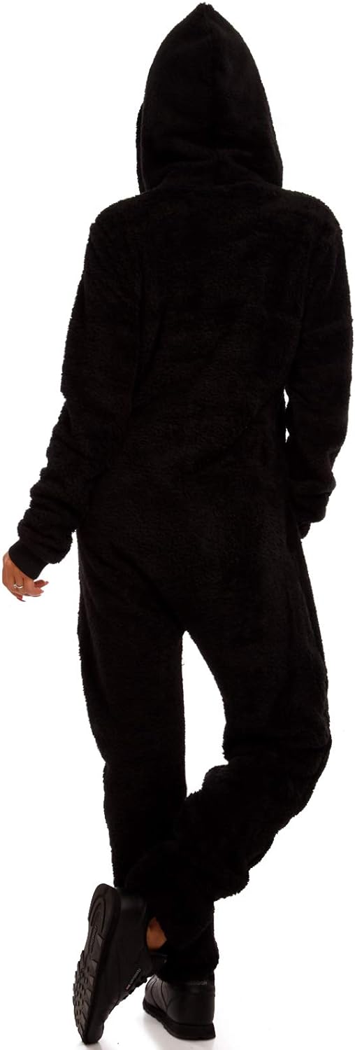 Teddyfleece Teddyfell Jumpsuit flauschig und kuschelig One Piece Overall warm (Schwarz, XL)