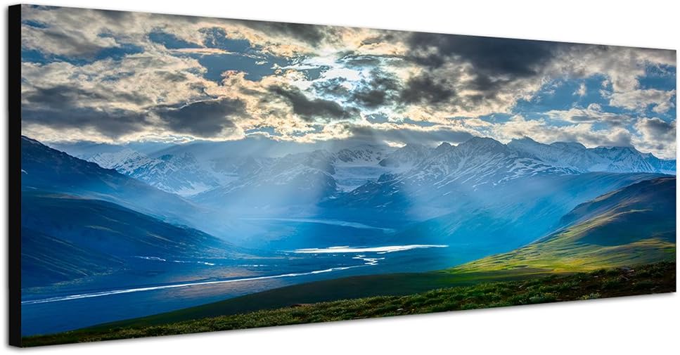 Paul Sinus Art Panoramabild auf Leinwand und Keilrahmen 150x50cm Himalaya Berge Fluss Wiesen Sonnena