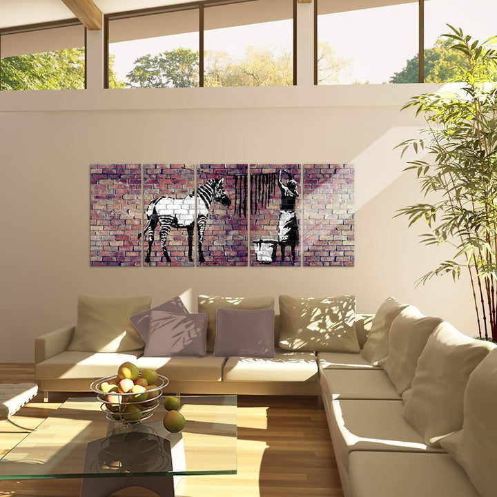Runa Art Wandbild XXL Banksy Washing Zebra Loft Wohnzimmer 200 x 80 cm Braun 5 Teilig - Made in Germ