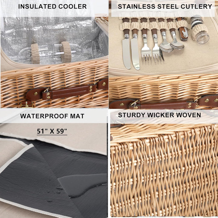Multifunktionales Picknickkorb-Set aus Weidengeflecht für 2 Personen mit Decke und Picknicktisch, is