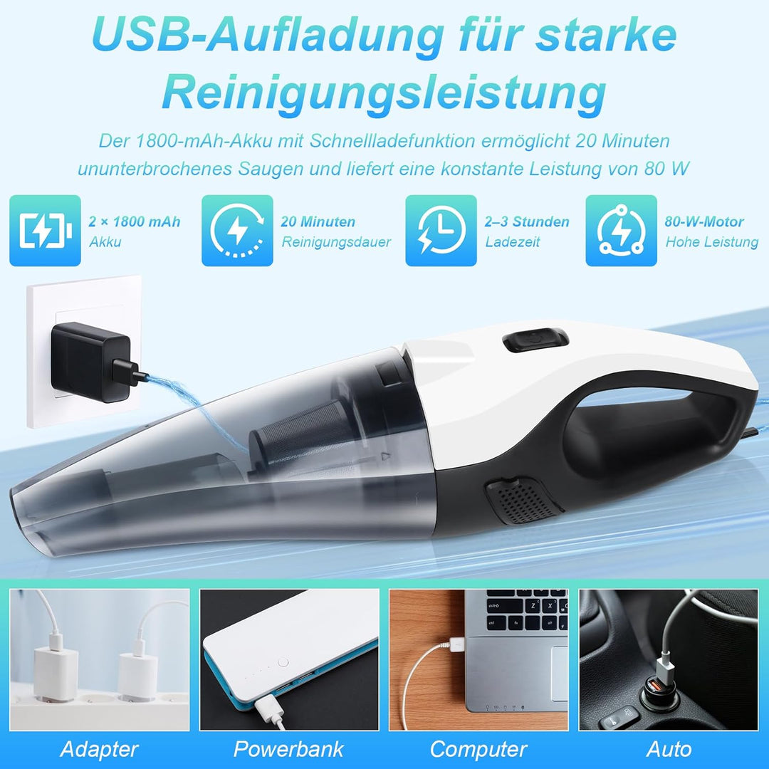 Handstaubsauger Akku, Tragbarer Mini Auto Staubsauger Stark mit Ladestation & Led Beleuchtung, 9000p