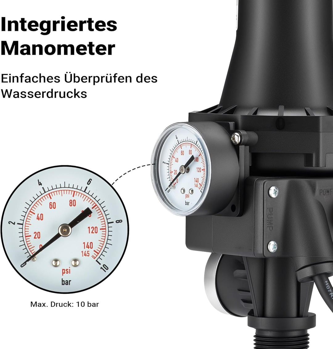 Wiltec Druckschalter SKD-3 230V 1-phasig bis 10 bar, Druckwächter mit Trockenlaufschutz für Hauswass