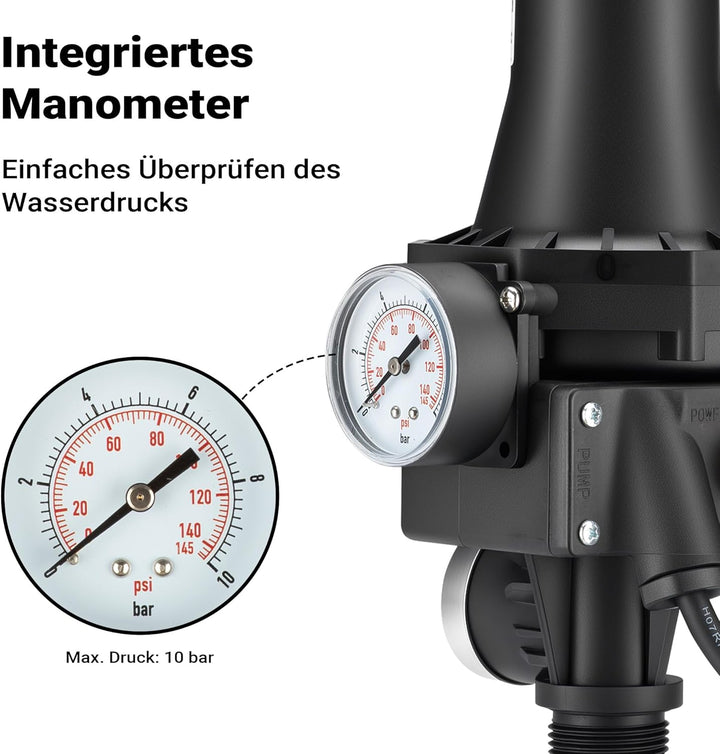 Wiltec Druckschalter SKD-3 230V 1-phasig bis 10 bar, Druckwächter mit Trockenlaufschutz für Hauswass