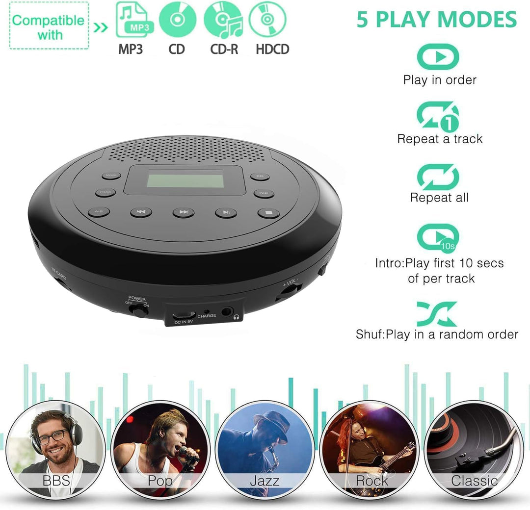 Tragbarer CD Player mit Lautsprecher, Wiederaufladbar Discman für Auto, Anti-Skip CD-Player klein fü