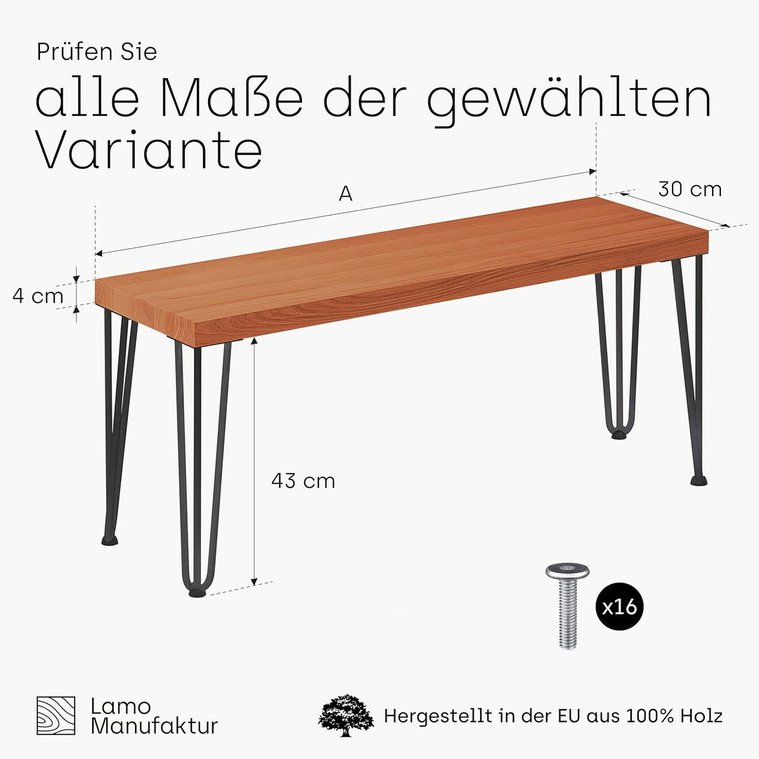 LAMO Manufaktur Sitzbank Esszimmer Holzbank 30x80x47 cm, Möbelfüsse Creative Rohstahl mit Klarlack/D