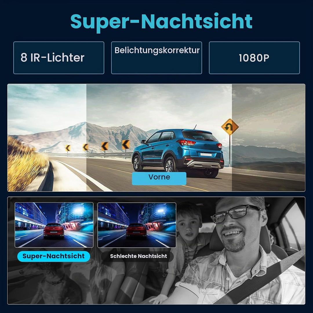 4 Kanal Dashcam Auto, 360 Grad Dashcam FHD 1080P Vorne Hinten Innen Links und Rechts mit 64GB SD Kar