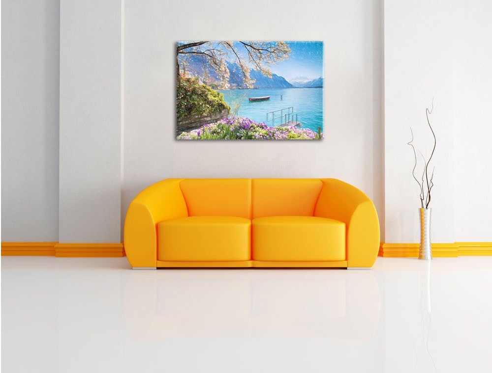 Pixxprint Genfer See im Sonnenschein als Leinwandbild/Grösse: 100x70 cm/Wandbild/Kunstdruck/fertig b