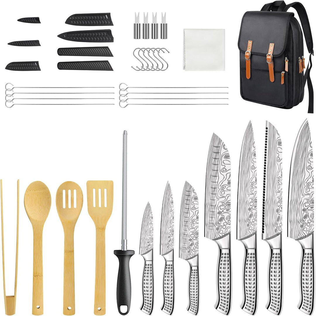 MOSFiATA Messerset Küchenmesser Grillbesteck Set mit Rucksack für Outdoor | mit 7 profi Messer, Wetz
