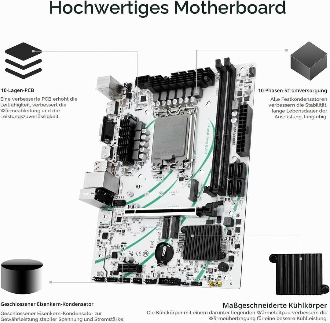 SHANGZHAOYUAN H610 Mainboard LGA 1700 Motherboard (μATX, 2*DDR4, SATA 3.0, USB 3.1, NVME M.2, WiFi M