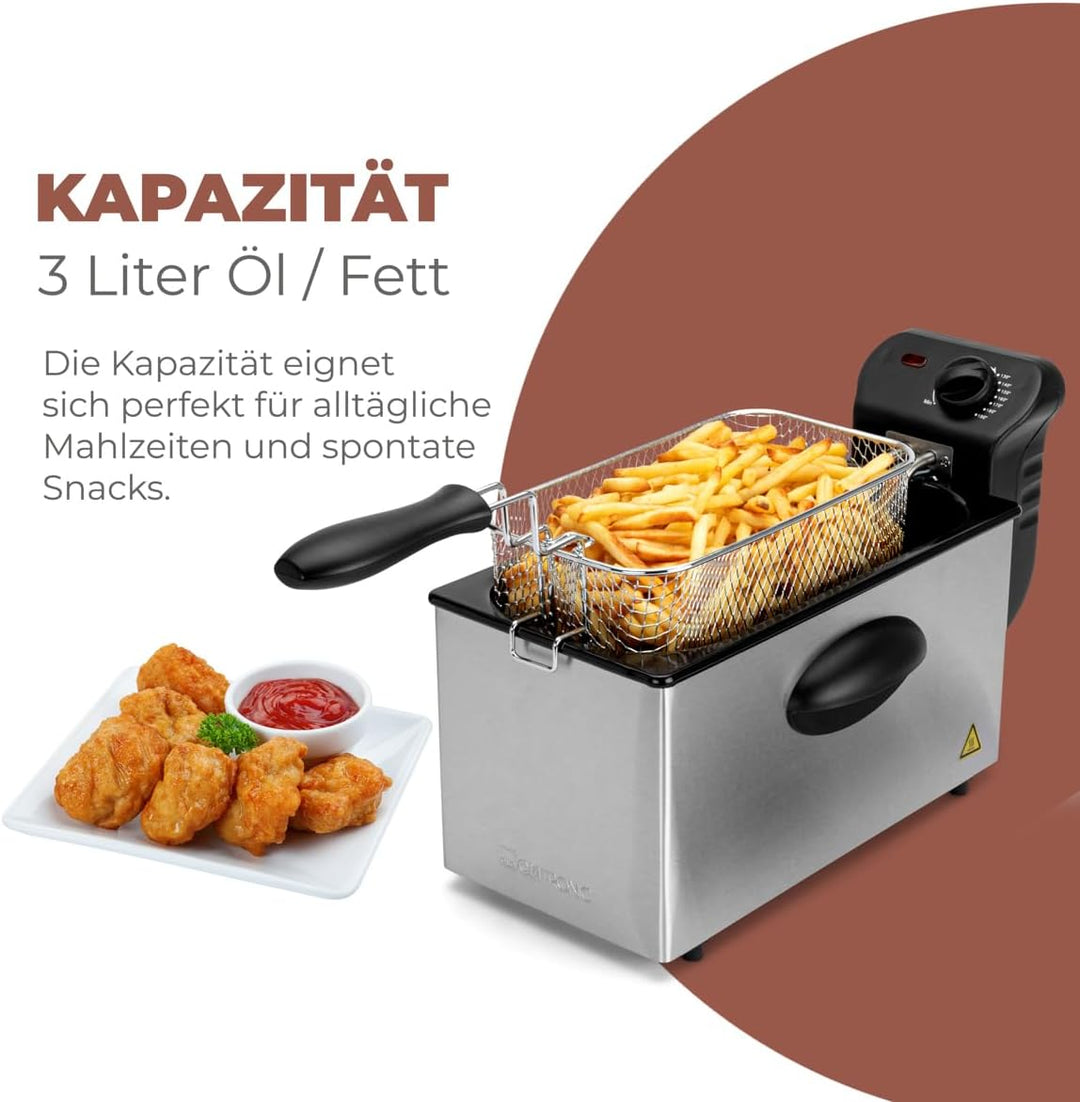 Clatronic FR 3586 Edelstahl-Fritteuse 2,5L Perfekt für Pommes Frittes u. Nuggets, geruchsarmes fritt