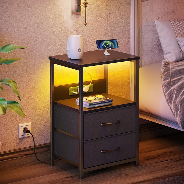 Rolanstar Nachttisch mit Ladefunktion, Beistelltisch mit LED-Leuchten, 2 Stoffschubladen & 3-stufige
