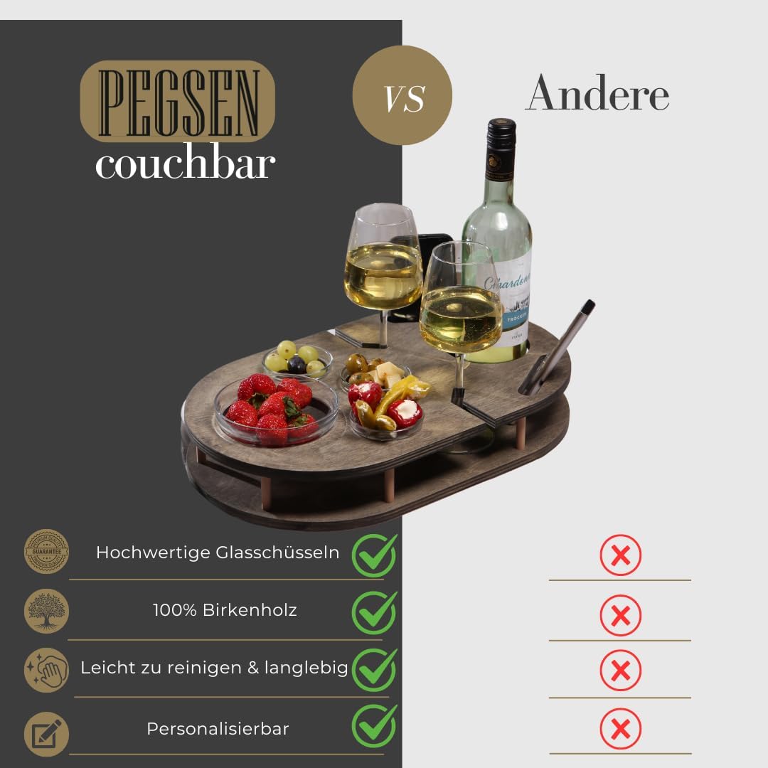 Couchbar Weinbar in grau mit 4 Glasschalen | Couch Tablett für Wein mit Getränkehalterung für Weingl