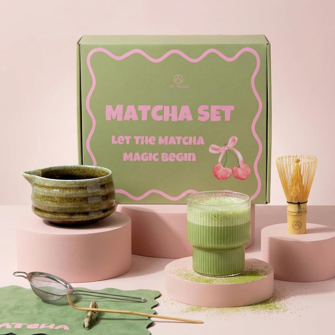 Premium Matcha Set 7-teilig – Design Keramik Schale mit Ausgiesser, Bambusbesen & Zubehör – Komplett