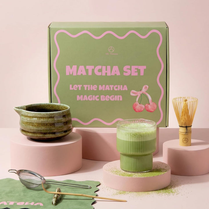 Premium Matcha Set 7-teilig – Design Keramik Schale mit Ausgiesser, Bambusbesen & Zubehör – Komplett