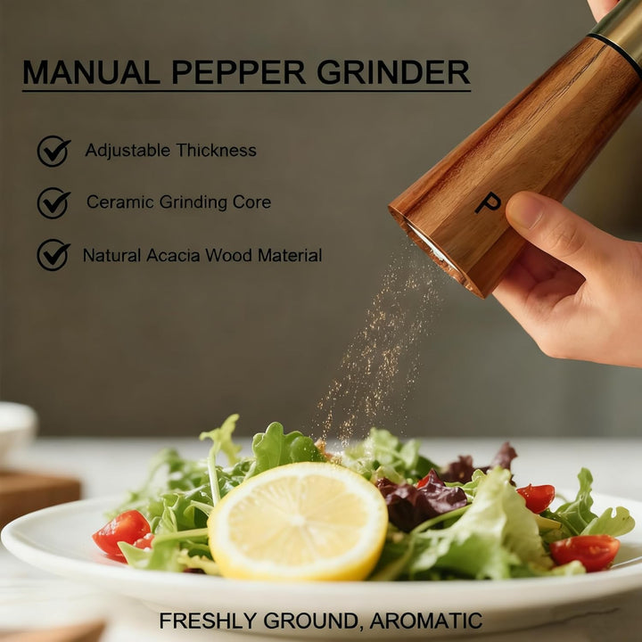 Salz und Pfeffermühlen Set aus Holz mit Sockel manuelle Pfeffermühlen Verstellbarer Keramikkern, Aka