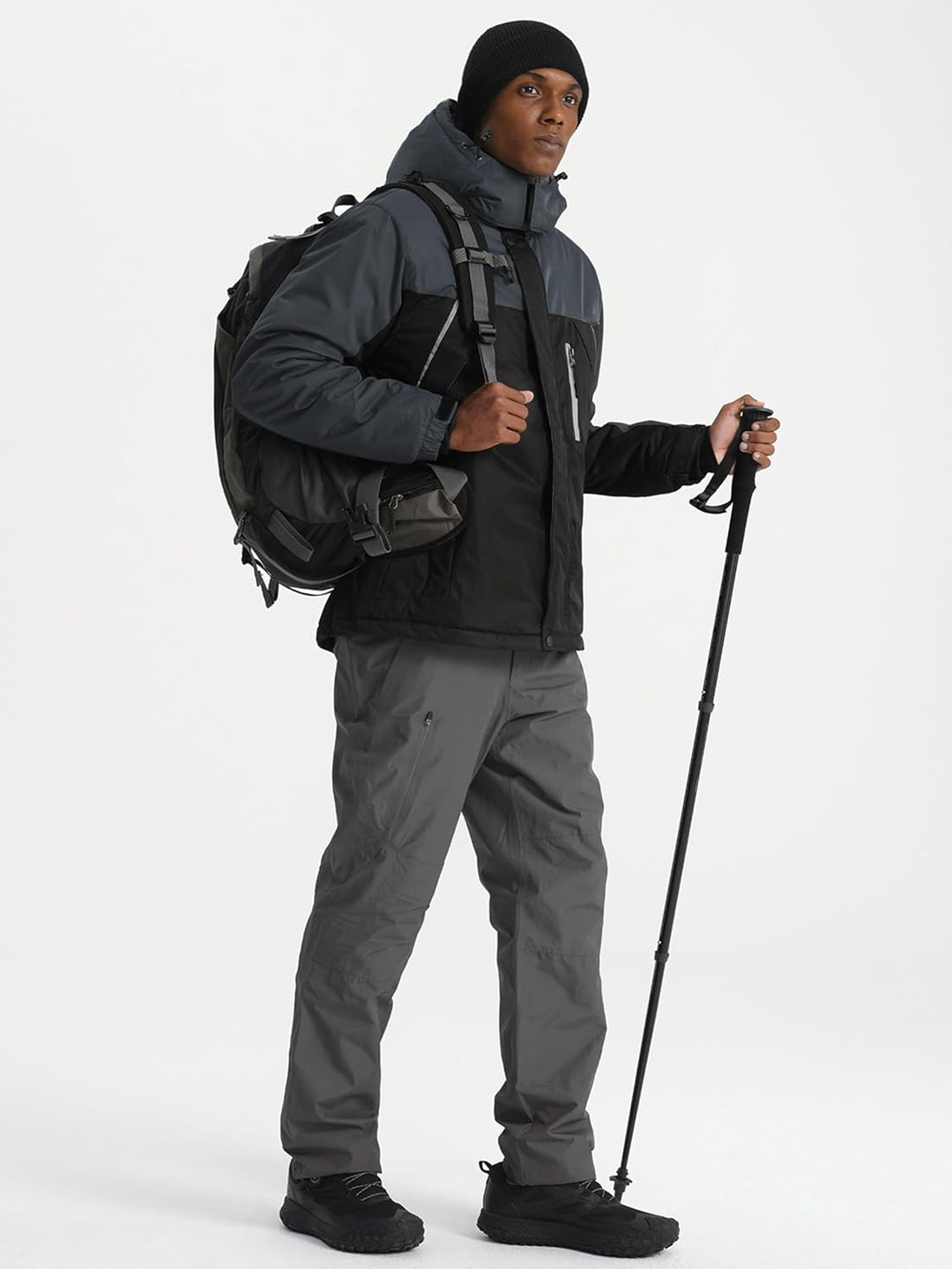 GEMYSE Herren Wasserdichte Skijacke Winddichte Fleece Outdoor Winterjacke mit Kapuze S Schwarzgrau,