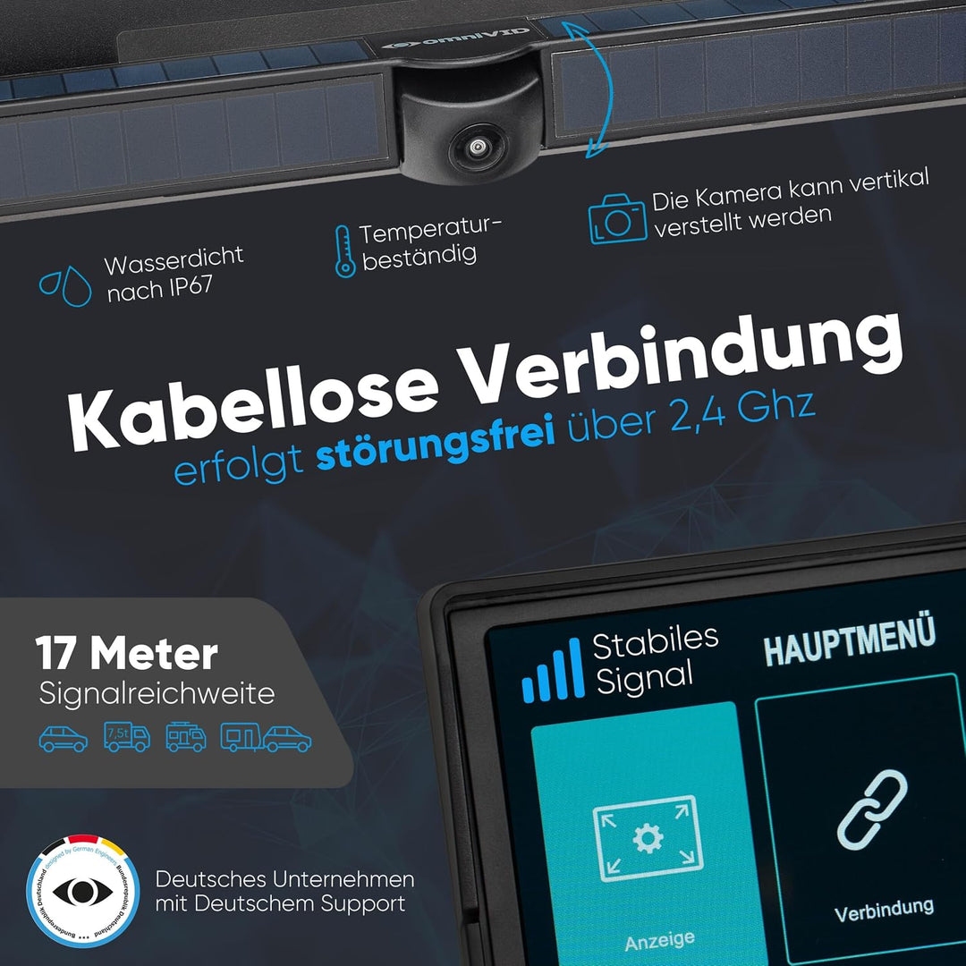 omniVID® Solar5 Premium Solar Rückfahrkamera-System, Kabellos mit 5 Zoll Monitor u. solarbetriebende