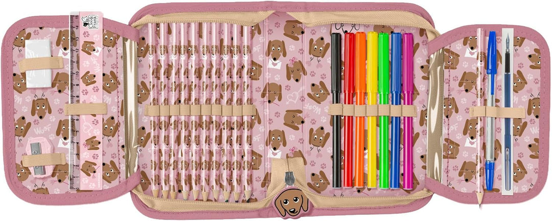 Hund Welpen Hündchen, Federtasche Federmappe, 24 tlg. gefüllt für Kinder Jungen Mädchen, rosa, 21 x