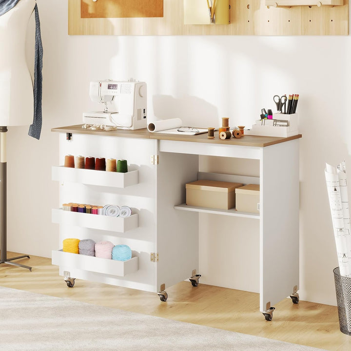 COSTWAY 2 in 1 Nähtisch klappbar, Nähmaschinenschrank aus Holz mit Regalen & Ablagefach, Nähschrank