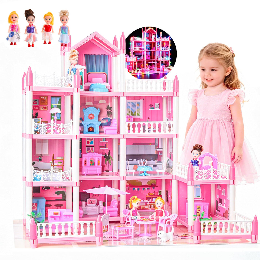 Grosses Puppenhaus für Mädchen von 3–12 Jahren, 11 Zimmer, Puppenhaus mit Beleuchtung, Spielmatte, P