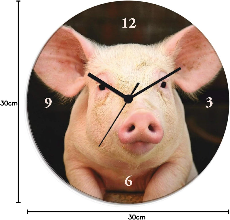 ARTLAND Wanduhr ohne Tickgeräusche Glas Quarzuhr Ø 30 cm Rund Lautlos Tiere Schwein Lustig Hipster A