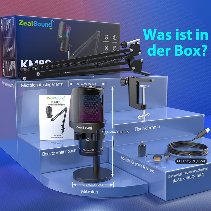 ZealSound USB Gaming Mikrofon für PC/Mac/Handy mit 2 Ständer & 2 Adapters, 192kHz/24bit mit Noise Ca