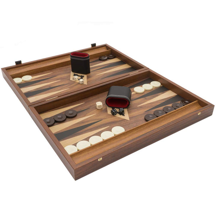 Manopoulos Backgammon-Set, Walnuss und Eiche, mit Philos-Deluxe-Bechern
