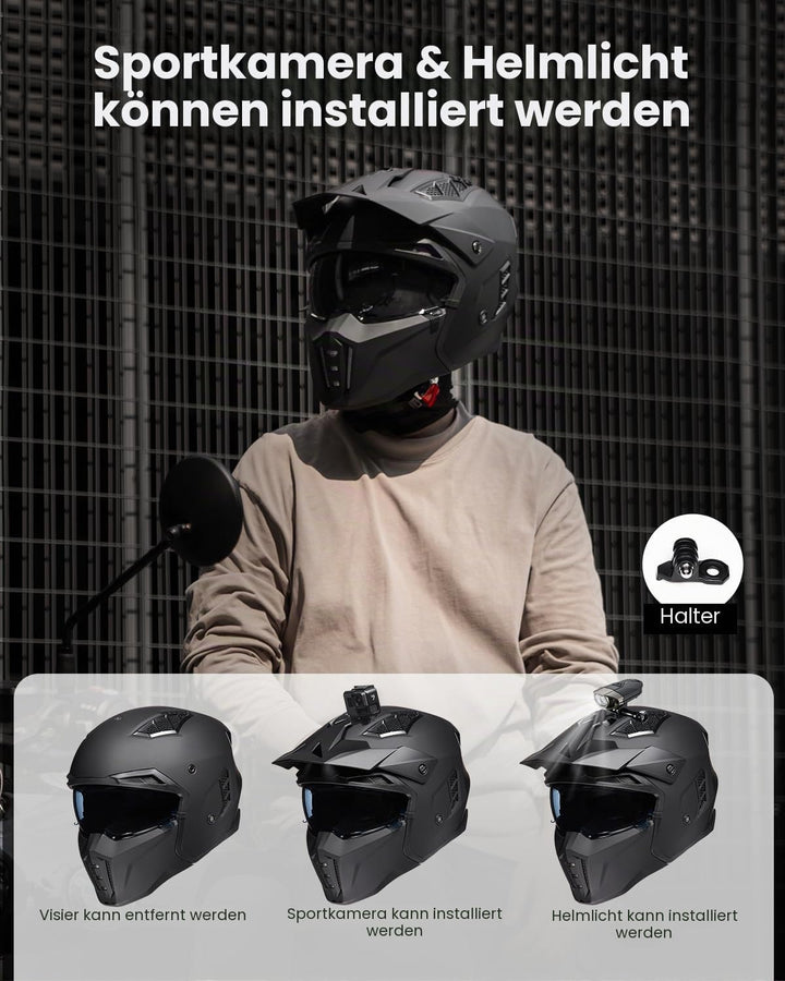 ILM Helm Motorrad Motocross Herren Damen Vintage Retro mit Visier ECE Model Z302,Schwarz Matt, XL XL