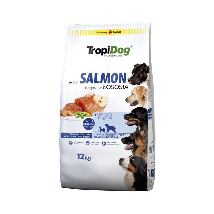 TROPIDOG Premium Adult Medium & Large Salmon with Rice - Dry Dog Food - 12 kg Lachs, Lachs