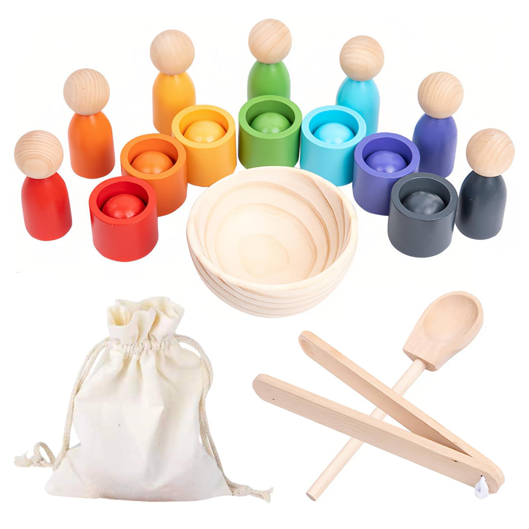 Montessori Holz Sortier Set,7 Regenbogen Bälle 30mm + 7 Tassen,Sensorisches Lernmaterial für Farbe S