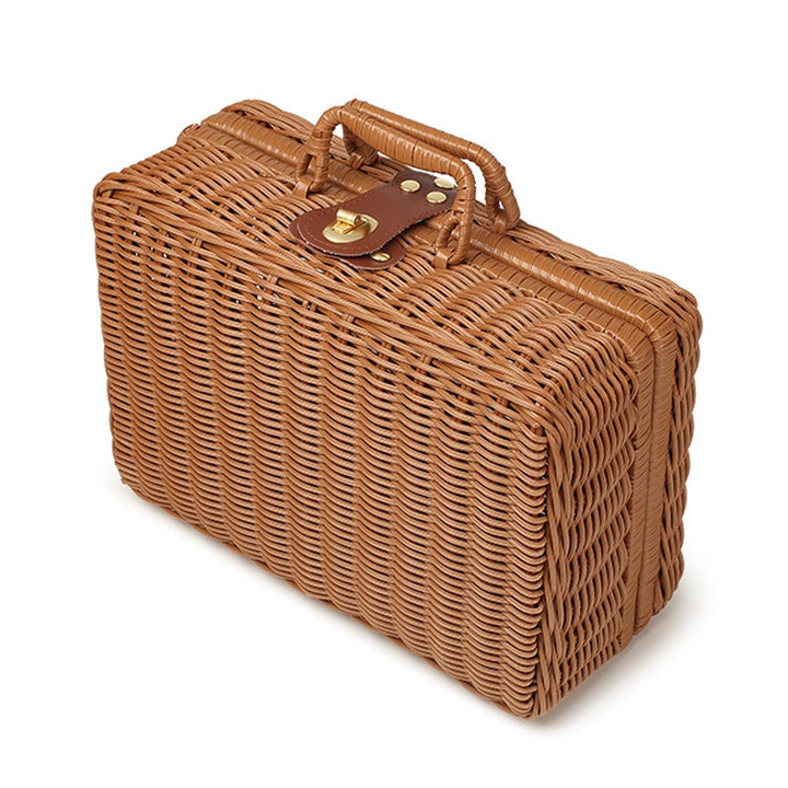 Geflochtener Rattan-Koffer Aufbewahrungskorb mit Griff, Gewebte Picknickbox, Handgewebt, mit Metalls