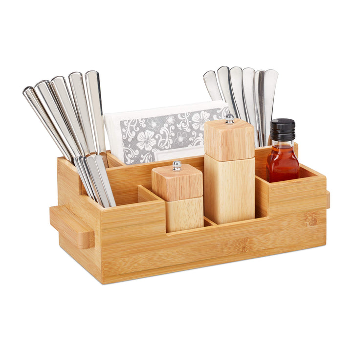 Relaxdays Besteckhalter Bambus, 7 Fächer, Tisch Menage für Servietten, Besteck, Öl, Gewürze, HBT 11,