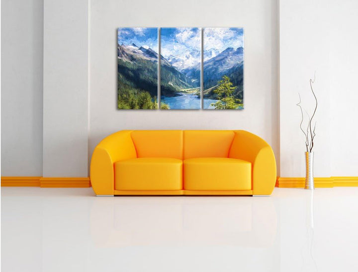 Pixxprint See zwischen Bergen Pinsel Effekt 3-Teiler Leinwandbild 120x80 Bild auf Leinwand