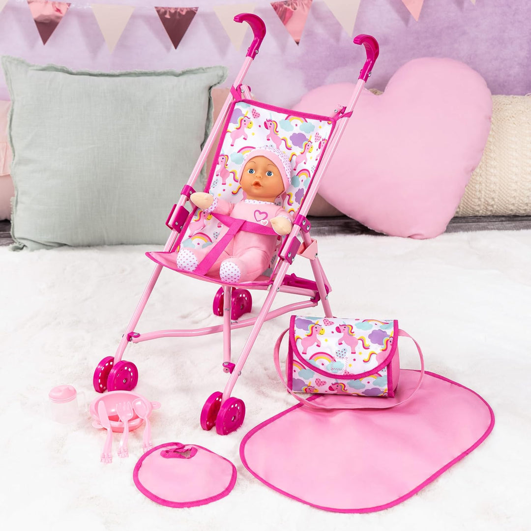 Bayer Design 30585AB Faltbarer Puppenbuggy, Doppelräder, mit weicher Babypuppe, Tasche, Zubehör, Ros