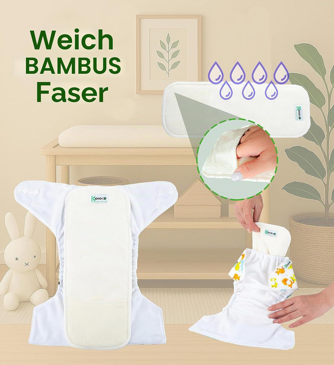 Kolo 6er set waschbare windeln, 6 Stoffwindel einlagen bambus, Windeltasche für unterwegs, Unisex ve