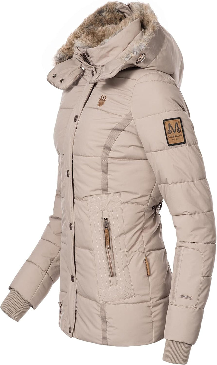 MARIKOO Damen Winterjacke warme Steppjacke mit Kunstfell Innenfutter Nekoo XS-3XL M Light Taupe, M L
