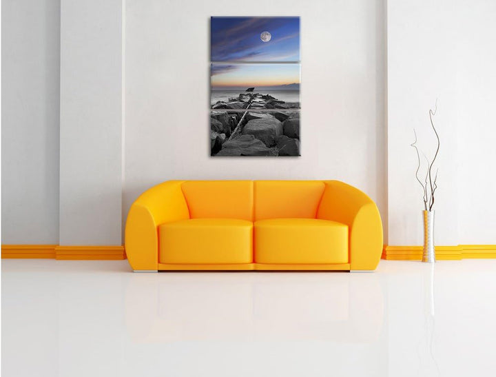 Pixxprint Steinmauer am Meer bei schönem Abendhimmel 3-Teiler Leinwandbild 120x80 Bild auf Leinwand