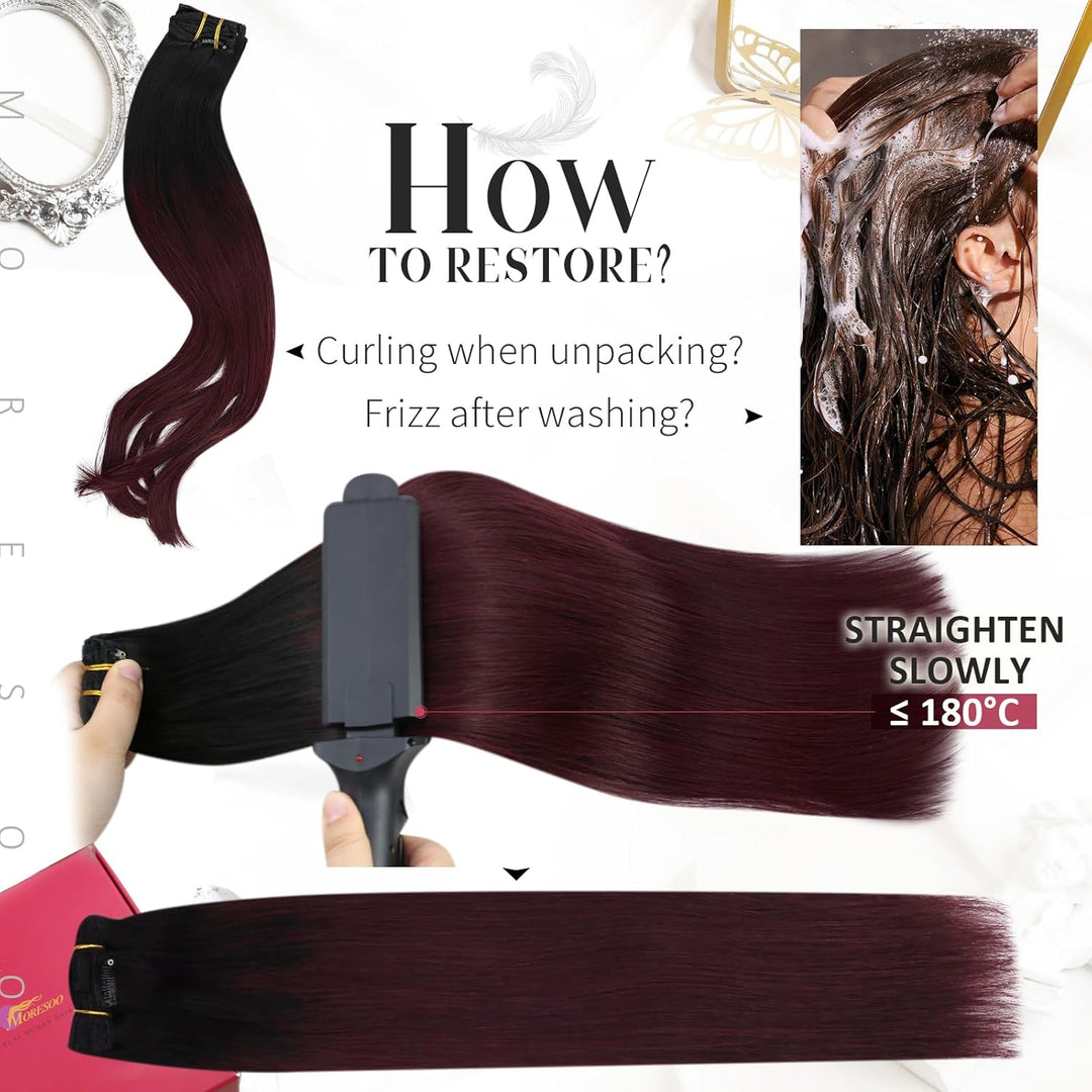 Moresoo Clip Extensions Echthaar Balayage Schwarz bis Weinrot Remy Echthaar Extensions Clip Doppelt