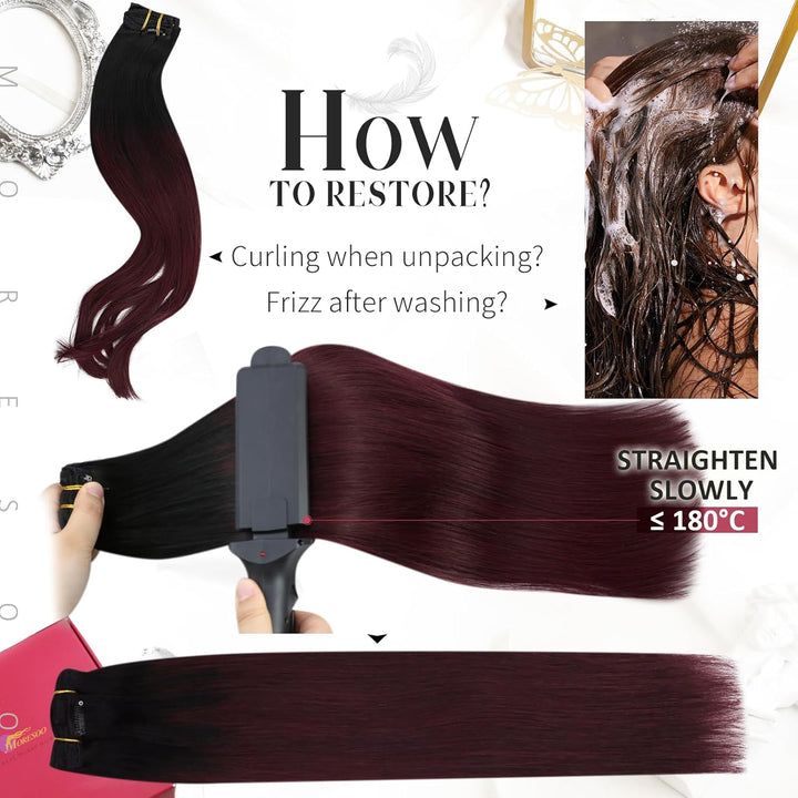 Moresoo Clip Extensions Echthaar Balayage Schwarz bis Weinrot Remy Echthaar Extensions Clip Doppelt