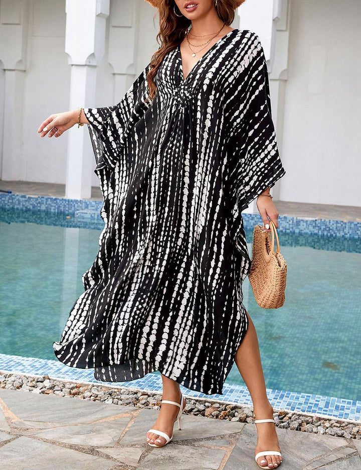 Bsubseach Frauen Plus Grösse Kaftan Kleid Badeanzug Druck Kaftan Strand Cover Up Kleid B-black3, B-b
