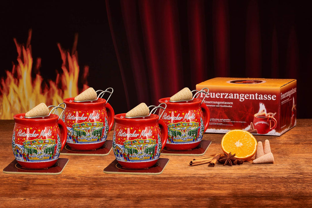 Feuerzangentasse 4er-Set, Rot/Historischer Markt - für Feuerzangenbowle